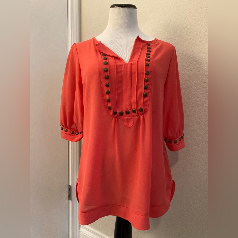 Angie Vibrant Coral Blouse with Button Details